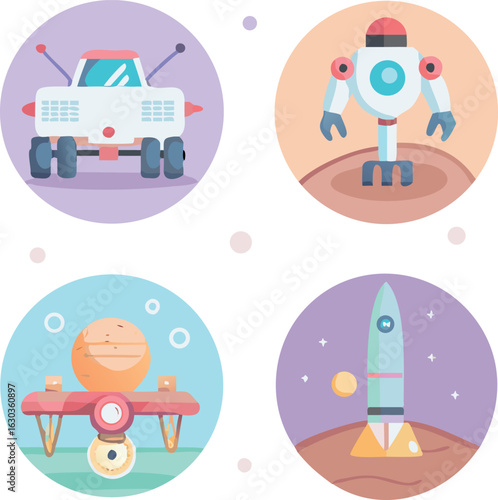 Four space exploration icons showcase a lunar rover, robot, spaceship, and martian base