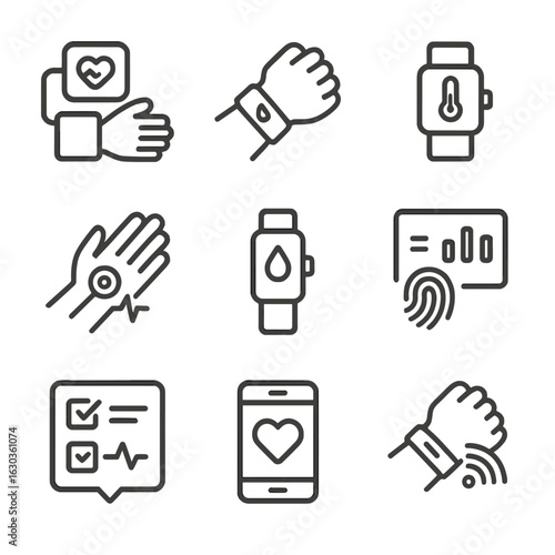 Wrist Monitoring Icon Set. Outline icon set of wrist measurement and monitoring: blood pressure cuff, pulse sensor, temperature