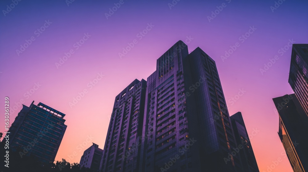 Fototapeta premium Silhouette of modern architecture against a vibrant sunset sky. 