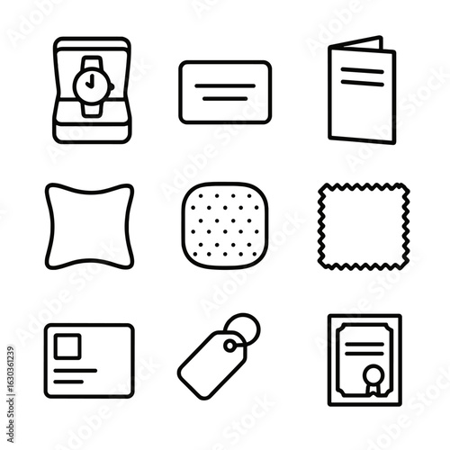 Wristwatch Packaging Icons. Outline icon set of wristwatch packaging: watch box, warranty card, instruction manual, pillow holder,