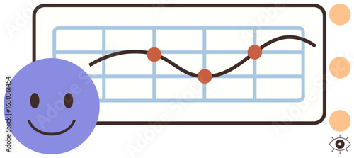 happy face with data trend graph, grid, nodes. Ideal for data analysis, feedback, positivity, monitoring, success statistics performance visual. Simple flat metaphor