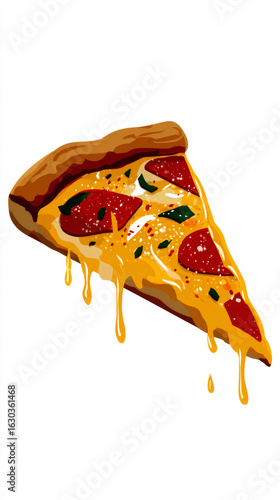 Cartoon illustration of a slice of pizza with toppings
