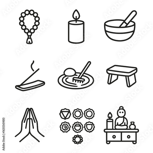 Yoga Icon Set. Outline icon set of yoga meditation objects: mala beads, candle, singing bowl, incense, zen garden, meditation
