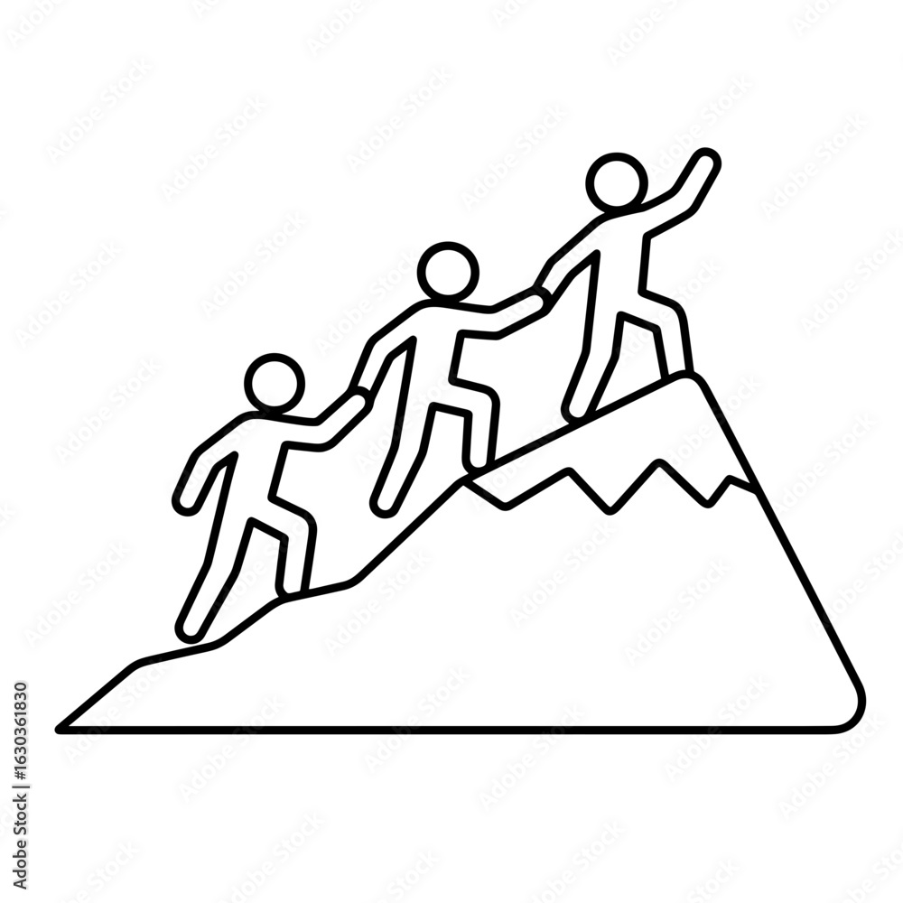 Fototapeta premium Three people climbing mountain icon in outline style representing teamwork and achievement
