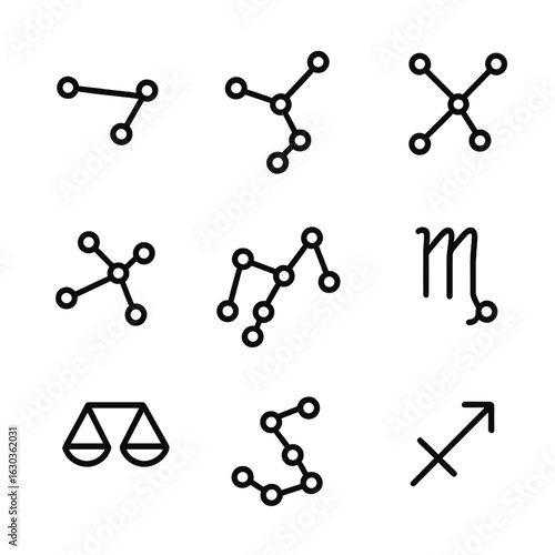 Zodiac Constellation Icons. Outline icon set of zodiac constellations: Aries, Taurus, Gemini, Cancer, Leo, Virgo, Libra, Scorpio,