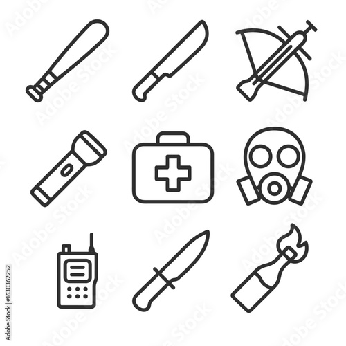 Zombie Survival Icons. Outline icon set of zombie survival tools: baseball bat, machete, crossbow, flashlight, first aid kit, gas