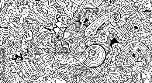 Intricate black and white abstract doodle art with swirling organic shapes and detailed patterns