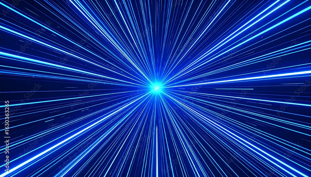 Fototapeta premium Futuristic blue light speed abstract background with lines converging on central point