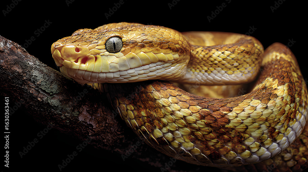 Fototapeta premium Snake Coiled on Branch with Intense Gaze in Dark Environment