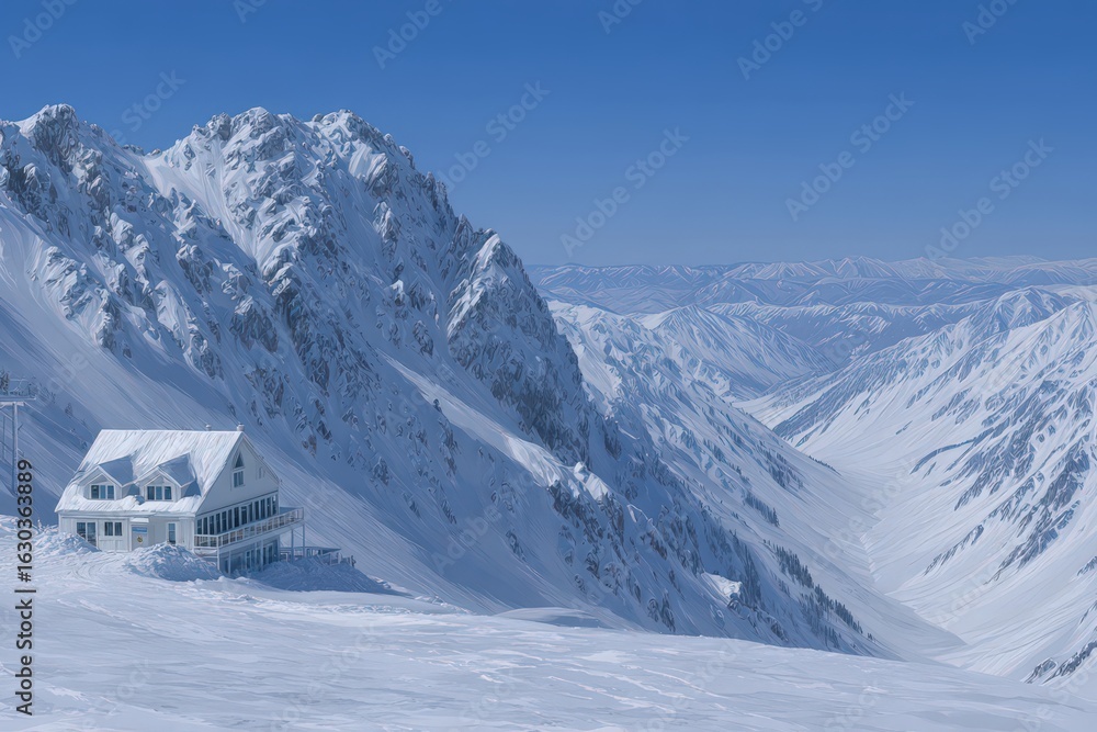 Obraz premium Snow-covered mountains and a rustic chalet nestled among breathtaking peaks under a clear blue sky showcasing extreme winter beauty and tranquil atmosphere captured with clarity
