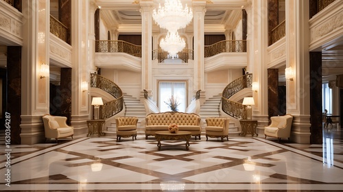 A spacious luxury hotel entrance hall with high ceilings, white marble floors, warm walnut wood panel walls, a massive crystal chandelier, and plush seating areas in muted cream tones, full frame,