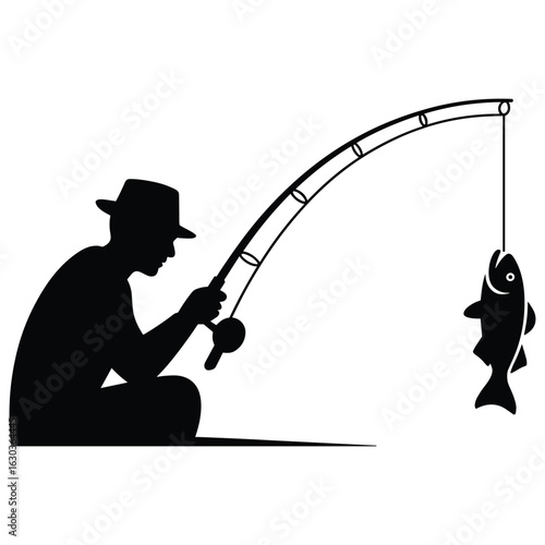 Illustration of fisherman with caught fish on fishing rod