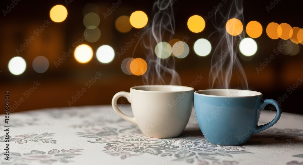 Obraz premium A Quiet Moment for Two: Steaming Mugs Against a Night City Glow