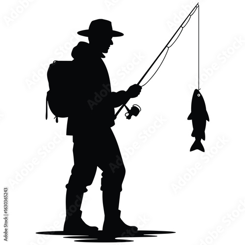 Illustration of fisherman with caught fish isolated on white