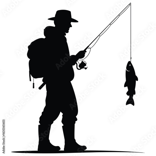 Illustration of fisherman with caught fish isolated on white