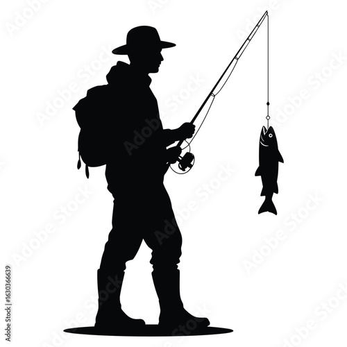 Illustration of fisherman with caught fish silhouette