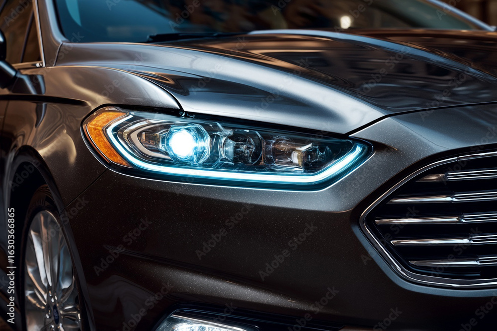 Close up of a gray car's headlight and grill showcasing modern automotive design details Close up of a gray car's headlight and grill showcasing modern automotive design details