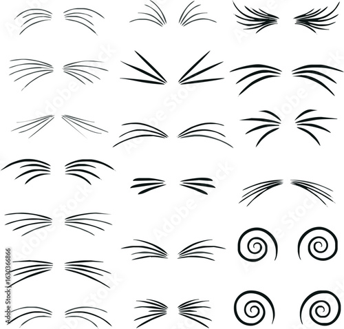 Collection of various cat whisker and facial hair designs, ranging from simple to elaborate.