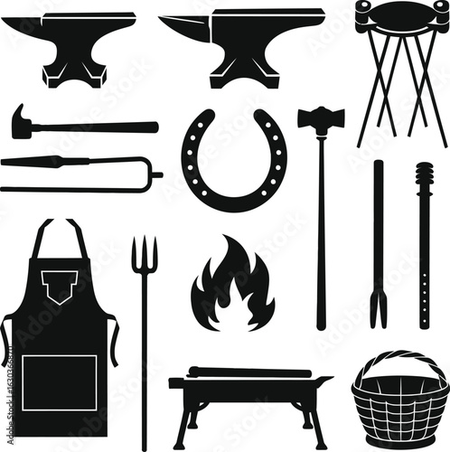Blacksmith Tools Silhouette Set – Anvil, Hammer, Forge Icons Vector