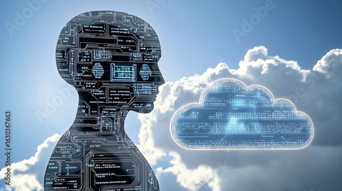 humanoid robot silhouette formed by circuit patterns and machine learning code fragments, facing a digital cloud network on blue background. humanoid robot, AI human, circuit man, artificial 