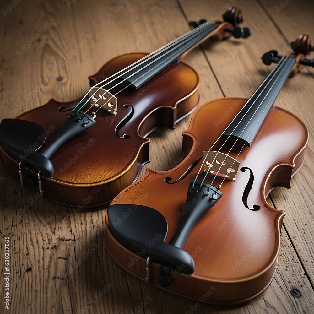 Fototapeta premium Two violins resting on a wooden surface.