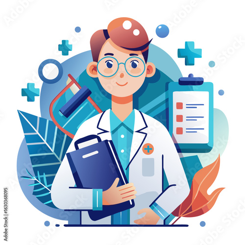 Friendly Male Doctor, Flat Design, Healthcare Illustration, Medical Professional, Positive Mood, Clipboard, Medical Records,  Patient Care,  Modern Style.