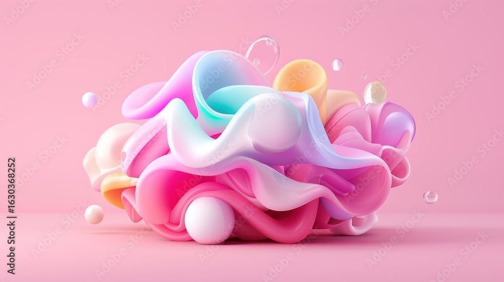 Fototapeta premium Abstract Colorful Wave Shape with Blobs and Bubbles on Pink Background