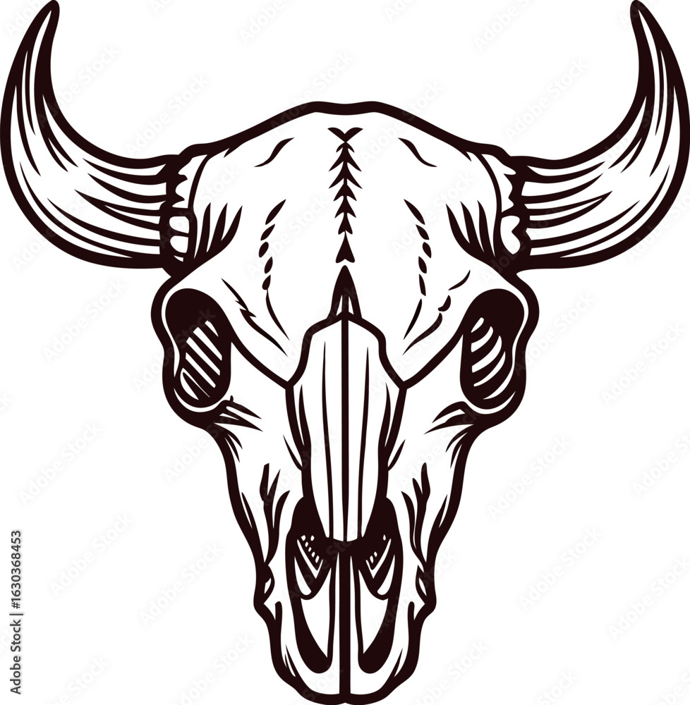 Obraz premium Vintage engraved drawing of a bull skull with large curved horns isolated on white background illustration