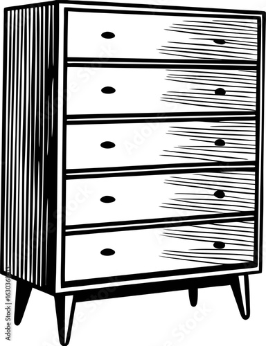 Vintage hand drawn mid century modern chest of drawers with tapered legs and five handles isolated on white