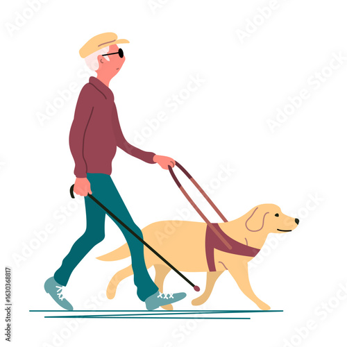 Flat vector illustration of a blind elderly man with a guide dog, wearing glasses and holding a white cane. Loyal pet assistant and mobility support for the visually impaired. Isolated on white