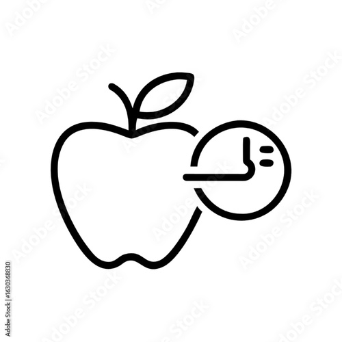 Diet schedule and nutrition timing concept. Outline icon of an apple with a clock for wellness.