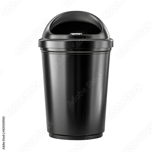 Black plastic trash can waste receptacle indoor outdoor garbage bin, isolated on transparent background, perfect cutout, PNG