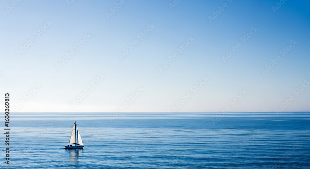 Obraz premium A lone sailboat glides across a vast, serene ocean under a clear, bright sky.