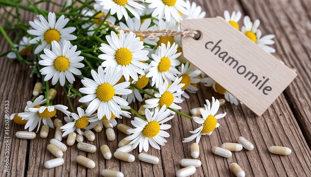 Obraz premium a scattering of chamomile flowers and capsules lie on a rustic wooden surface next to a tag labeled