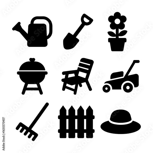 Garden icons in black silhouette style featuring watering can, flower pot, lawn mower, rake, shovel, fence, and chair