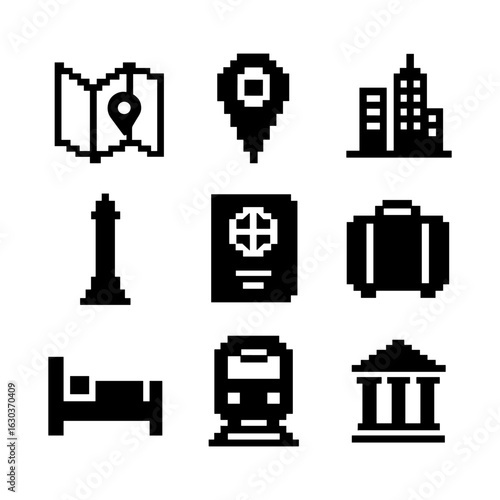 Pixel style travel icons including map, city, landmark, passport, suitcase, train, bed, and museum in retro 8-bit design