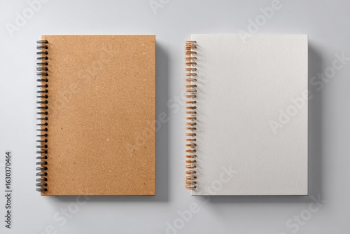Two spiral-bound notebooks, one brown, one white, laid flat on a light gray surface