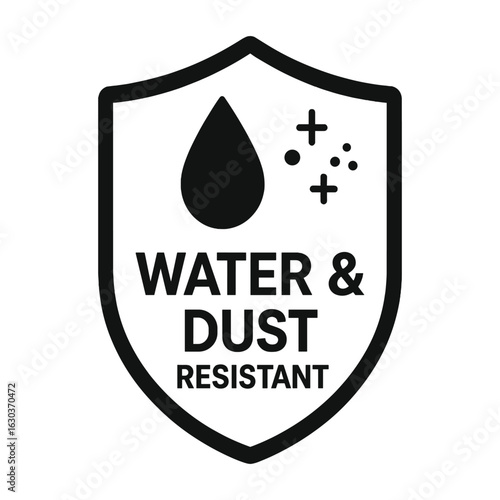 Black line shield icon with drop and particles, representing water and dust resistance. Simple, bold, and modern protection label symbol