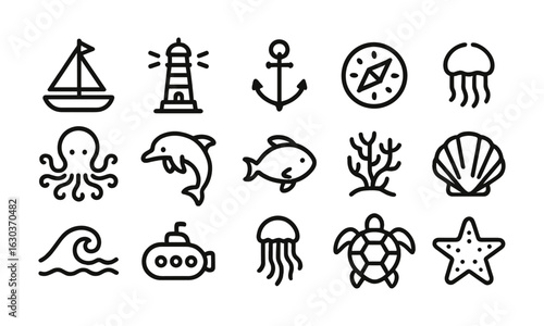 Sea and ocean themed icon set with marine animals, boat, lighthouse, anchor, coral, compass, submarine, and seashell