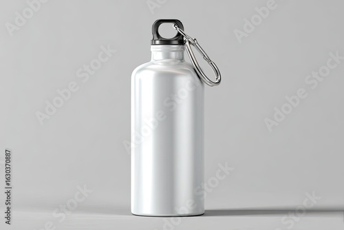 A polished, metallic water bottle, light gray background.  Black top and carabiner clip
