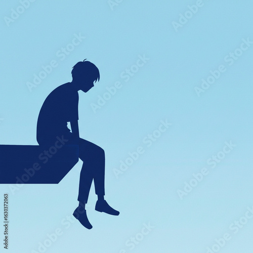 Vector silhouette of sad young person sitting alone on ledge