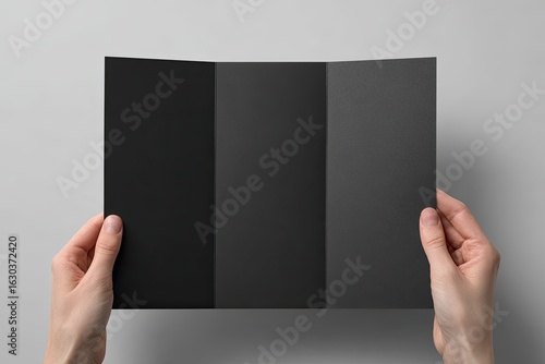 A tri-fold brochure, black and gray, held in hands, lies open on a light gray surface