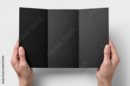 Black tri-fold brochure held by hands