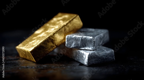 Wallpaper Mural Shimmering gold and silver bullion bars on a dark backdrop Torontodigital.ca