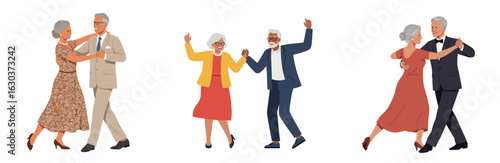 Seniors dancing happily in elegant outfits on white background  