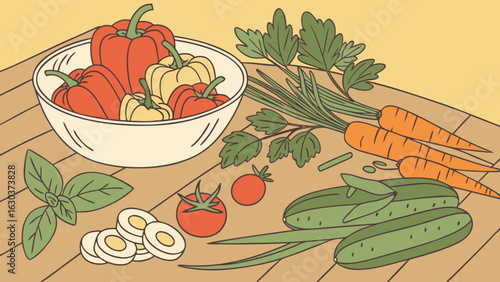 A vibrant still life featuring fresh vegetables like peppers carrots and cucumbers on a wooden surface