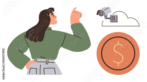 Woman gestures toward cloud-based security camera and dollar sign, reflecting themes of surveillance, safety, data privacy, cost, technology, decision-making, and modern ethics in a simple flat