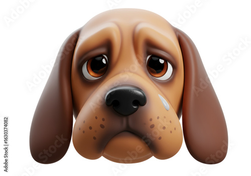 Isolated 3D emoji of a sad, crying puppy dog face with a teardrop