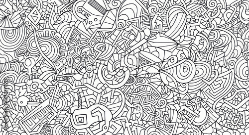 Intricate black and white abstract doodle art with geometric and organic shapes a complex visual pattern