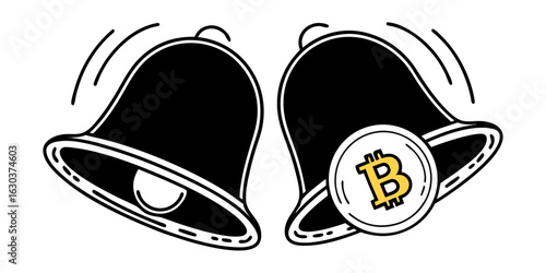 Bitcoin notification bells ringing for cryptocurrency investment and crypto trading alert signal concept art crypto vector line icon on transparent background